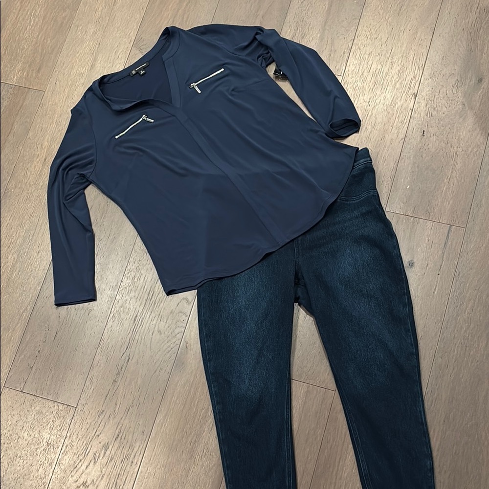 INC International Concepts Blue Blouse with Collar and Zipper Detail